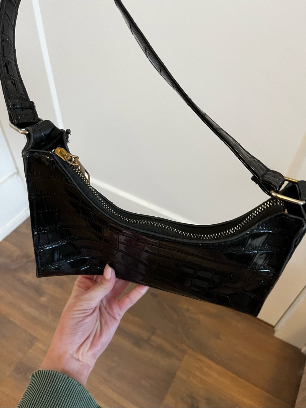 Black Patent Croc Shoulder Bag Y2K Mini Purse - Picture 2 of 2